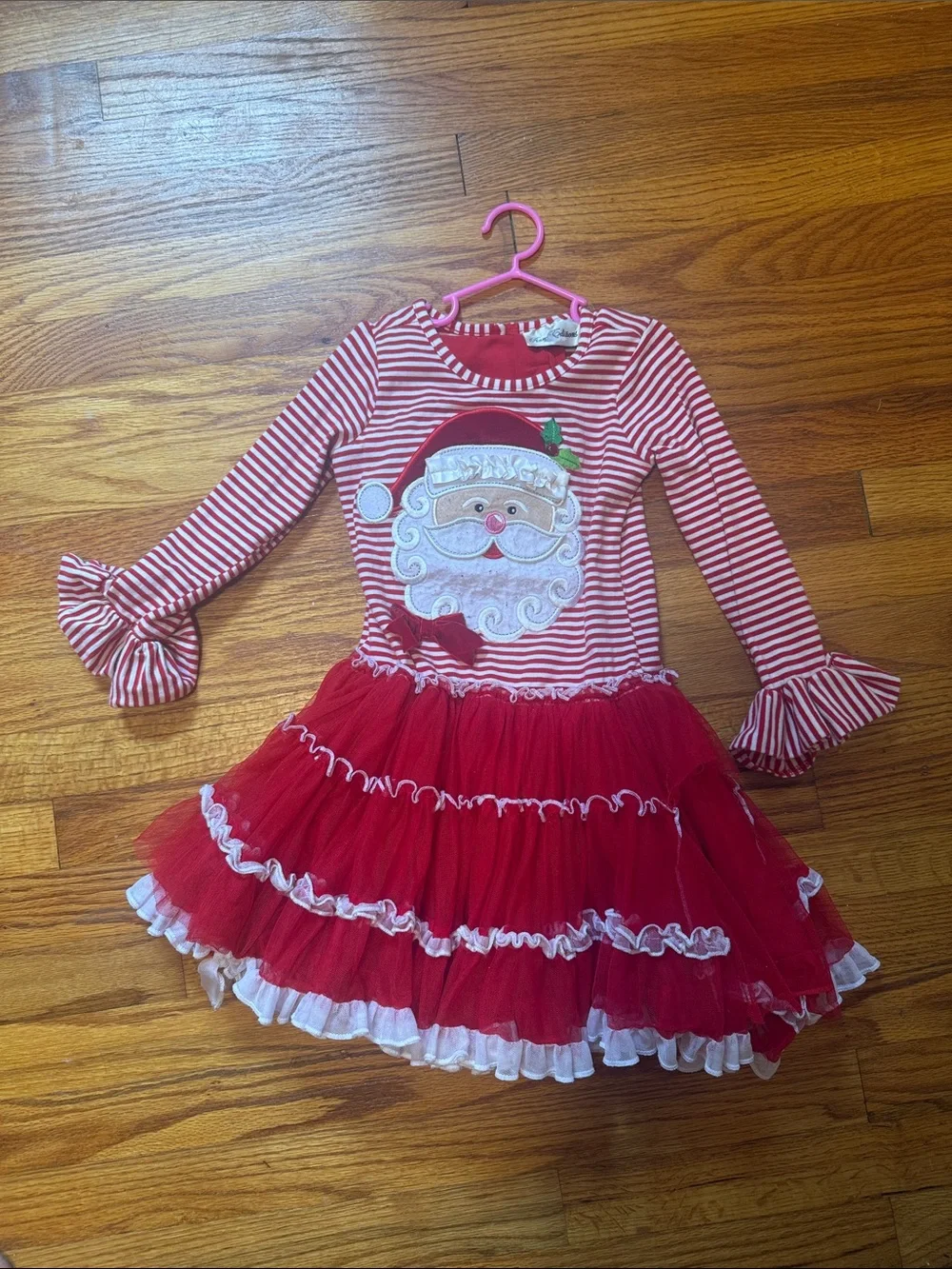 Rare Editions Red & White Santa Stripe Tulle Dress